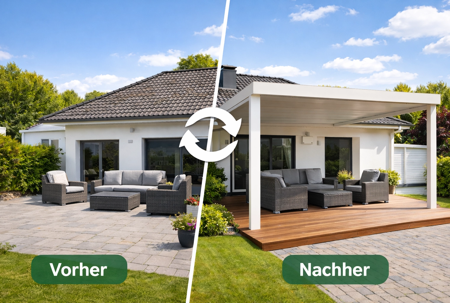 Vorher-Nachher-Vergleich der Terrassenumgestaltung durch Zimmerei Pawlowski: von Pflaster zu Holzterrasse mit Pergola.