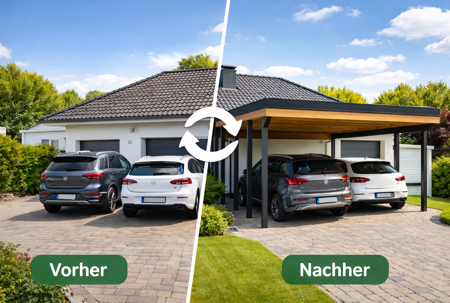 Vorher-Nachher-Vergleich eines Hauses mit neuem, modernem Holzcarport von Zimmerei Pawlowski GmbH für zwei Autos.