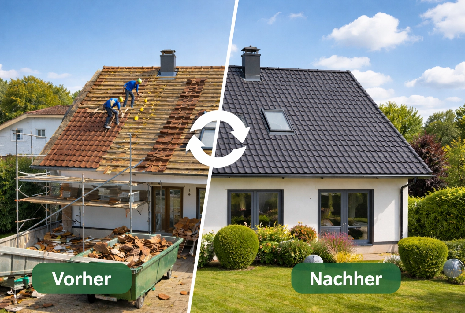 Vorher-Nachher-Vergleich einer Dachsanierung durch Zimmerei Pawlowski: Links alte Ziegelentfernung, rechts das Haus mit neuem Dach.
