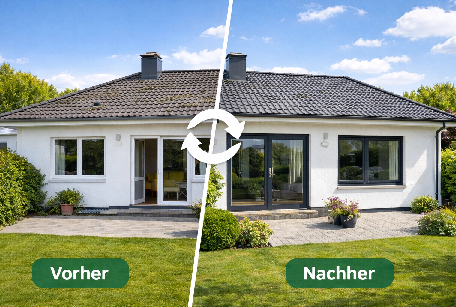Vorher-Nachher-Vergleich eines Hauses mit neuem Dach und modernen anthrazitfarbenen Fenstern und Türen, die das Erscheinungsbild deutlich aufwerten.