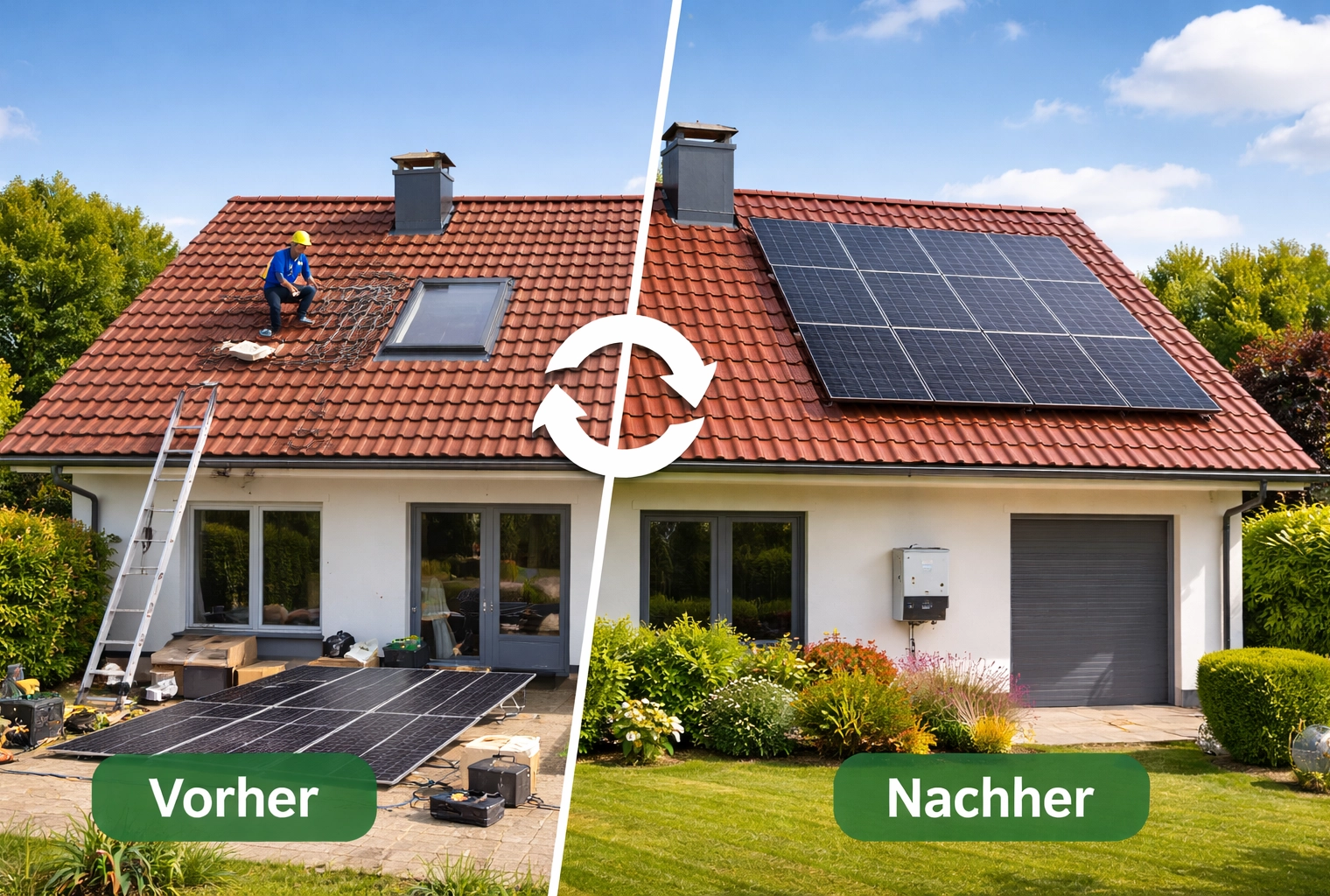 Vorher-Nachher-Bild der Installation einer Photovoltaikanlage auf einem Hausdach, die nachhaltige Energieerzeugung und Wertsteigerung bietet.