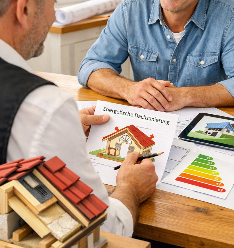 Zwei Männer besprechen eine energetische Dachsanierung anhand von Plänen, einem Dachmodell und Energieeffizienz-Diagrammen bei einer Beratung.