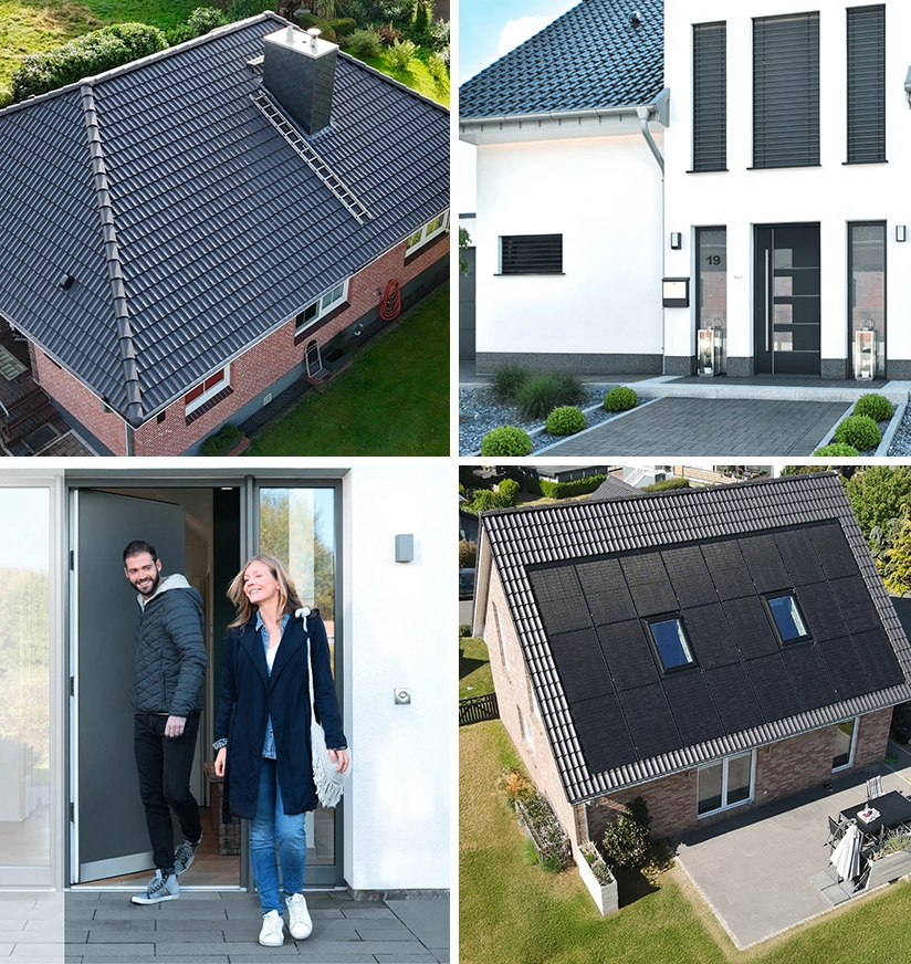 Vier Bilder präsentieren Dächer mit Ziegeln und Solaranlagen, ein modernes Haus und ein Paar, das ein Haus betritt – Leistungen der Zimmerei Pawlowski.